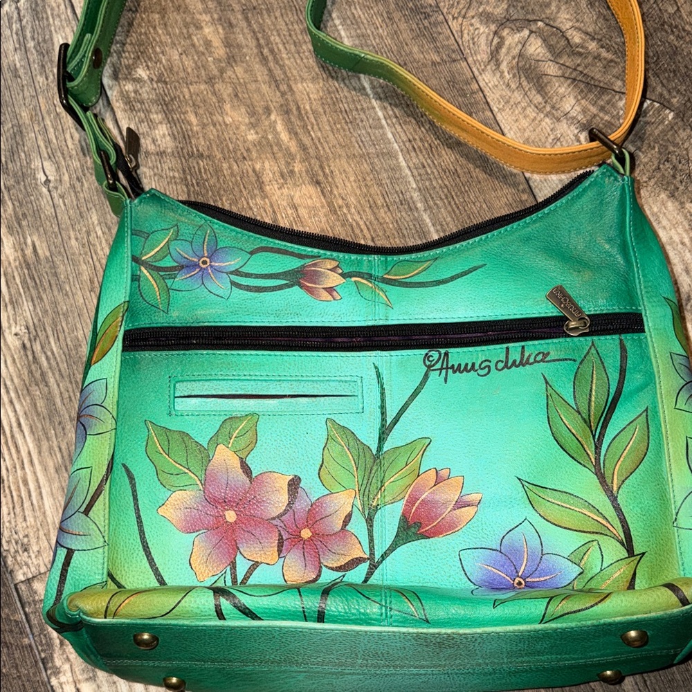 Anuschka Green Hand-Painted Hummingbird Shoulder Bag - Picture 3 of 7